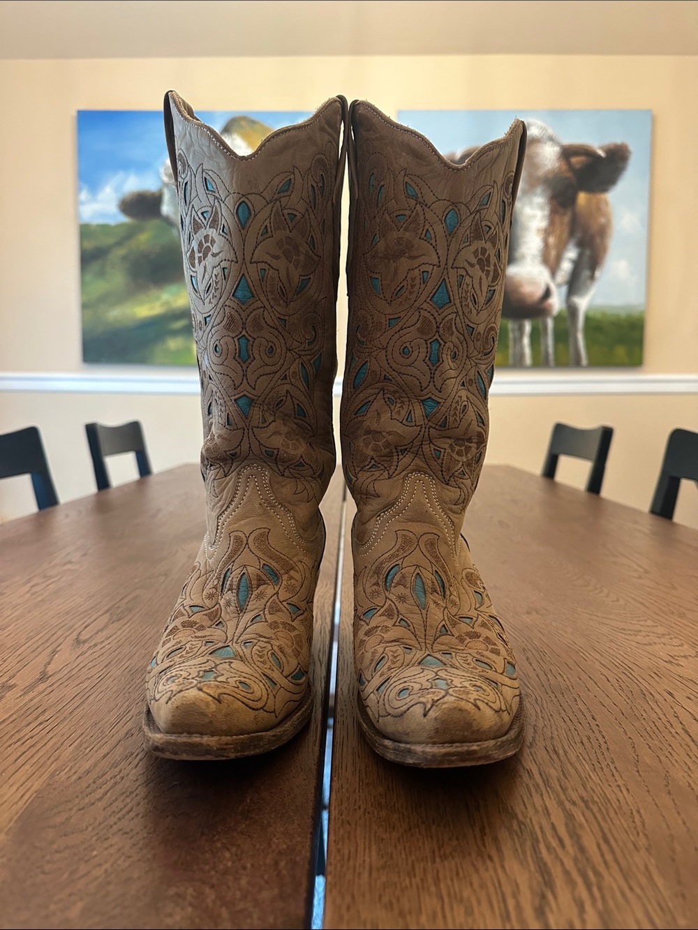 Tan Leather Embroidered Western Heeled Boots with Turquoise Accents
